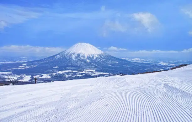 Niseko ski resort for spring skiing, the most snow-packed slope in the morning and the view of Mt. Yotei