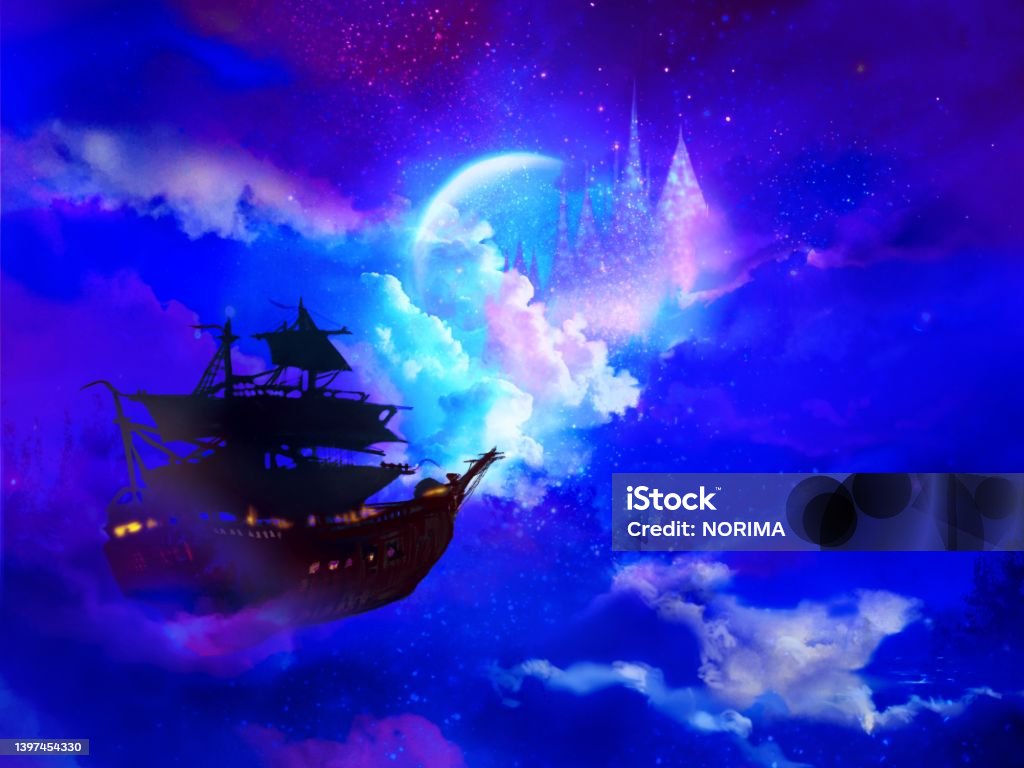 fantasy movie style clip art of pirate ship drifting in the moonlit night sky fantasy movie style clipart background of airship drifting in the moonlit night sky Peter Pan stock illustration