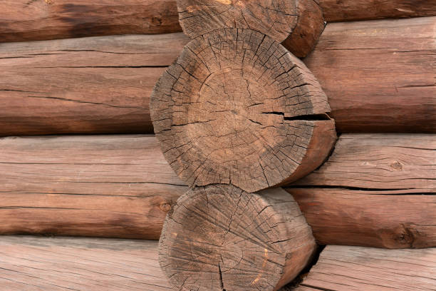 istock A fragment of a wall assembled from rounded timber and antique-painted. 1397455844
