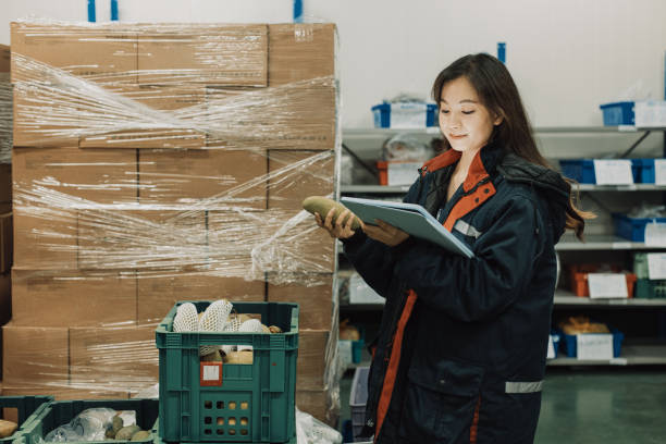Cold storage worker woman using digital tablet to check stock. Distribution, Logistic, Cold chain, Cold storage, Asia. chain store stock pictures, royalty-free photos & images