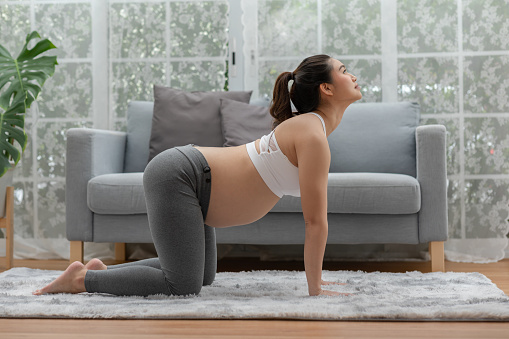 Happy Attractive Asian Pregnant woman practice Cat Cow Pose to meditation smile with big belly in the morning comfortable and relax,Pregnancy woman breathing and calm with yoga,Yoga Pregnant Concept