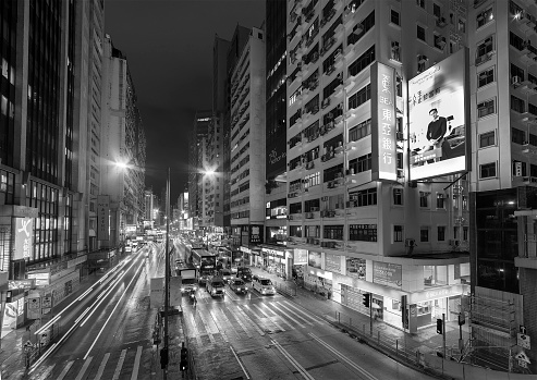 Hong Kong, China - October 07, 2021 : Traffic in Mongkok District in Hong Kong. Mongkok in Kowloon Peninsula is the most busy and overcrowded district in Hong Kong