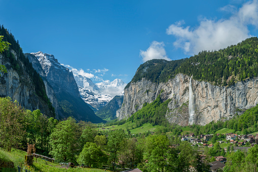 Idyllic landscape of Lauterbrunnen valley in the Bernese Alps, Switzerland.