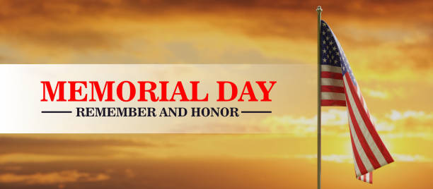 Memorial Day Remember and Honor text, USA flag on sky. Happy Memorial Day Background. 3d render stock photo