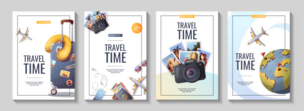 set of flyers for travel, tourism, adventure, journey. - travel background stock illustrations