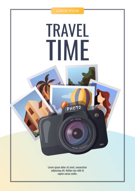 Flyer design with Camera and travel photos. Flyer design with Camera and travel photos. Travel, tourism, adventure, journey, photography, memories concept. A4 vector illustration for banner, poster, cover, advertising. photo shoot stock illustrations