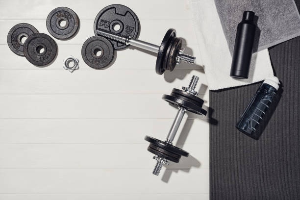 koncept fitness nebo cvičení doma, pohled shora s pozadím kopírovacího prostoru - tělocvična rekreační zařízení fotky - stock snímky, obrázky a fotky