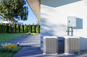 istock Close-up View Of Air Conditioning Outdoor Units In The Backyard 1397470041