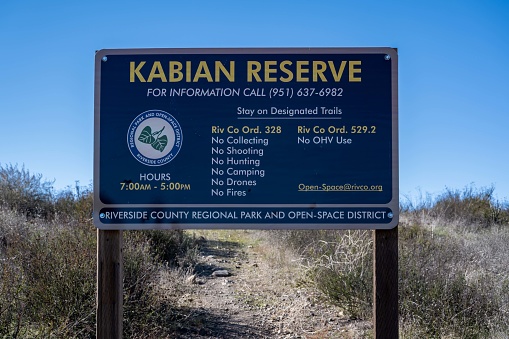 Lake Elsinore, CA, USA - Feb 21, 2021: A welcoming signboard at the entry point of preserve park