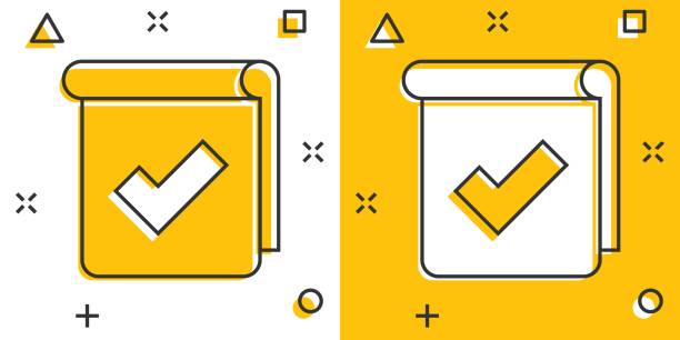 dokument-checklisten-symbol im comic-stil. melden sie cartoon-vektorillustration auf weißem, isoliertem hintergrund. geschäftskonzept mit papierblatt-splash-effekt. - conformity tax checklist clipboard stock-grafiken, -clipart, -cartoons und -symbole