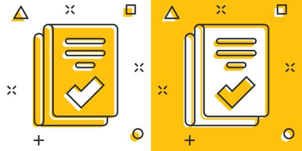 dokument-checkliste-symbol im comic-stil. bericht cartoon vektor-illustration auf weißem isolierten hintergrund. papierbogen spritzeffekt geschäftskonzept. - conformity tax checklist clipboard stock-grafiken, -clipart, -cartoons und -symbole