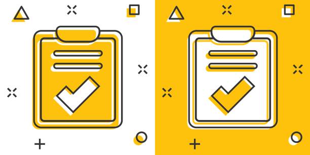 dokument-checkliste-symbol im comic-stil. bericht cartoon vektor-illustration auf weißem isolierten hintergrund. papierbogen spritzeffekt geschäftskonzept. - conformity tax checklist clipboard stock-grafiken, -clipart, -cartoons und -symbole