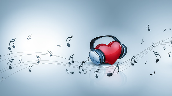 Conceptual Musical Background with Red Heart in Headphones