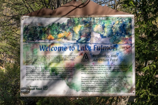 San Bernardino NF, CA, USA - May 8, 2021: A welcoming signboard at the entry point of the preserve park