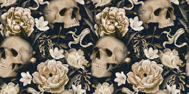 ilustrações, clipart, desenhos animados e ícones de papel de parede floral vintage com crânios, peônias, borboletas. - halloween horror death gothic style