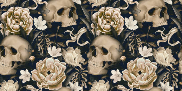 Vintage floral seamless wallpaper with skulls, peonies, butterflies. Vintage floral seamless wallpaper with skulls, peonies, butterflies. Dark botanical background. Repeating pattern for design of fabric, paper, wallpaper, canvas. Hand drawn 3d illustration. gothic fashion stock illustrations