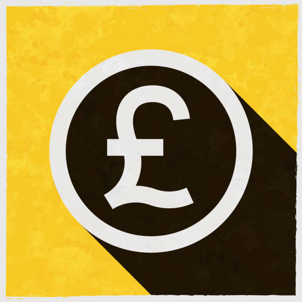 Pound coin. Icon with long shadow on textured yellow background Icon of "Pound coin" in a trendy vintage style. Beautiful retro illustration with old textured yellow paper and a black long shadow (colors used: yellow, white and black). Vector Illustration (EPS10, well layered and grouped). Easy to edit, manipulate, resize or colorize. Vector and Jpeg file of different sizes. british coins stock illustrations