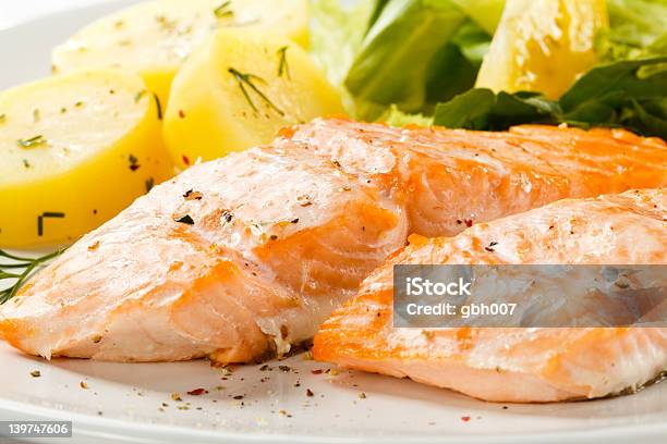 Roasted Salmon Boiled Potatoes And Vegetables Stock Photo - Download Image Now - Baked Salmon, Boiled Potato, Color Image