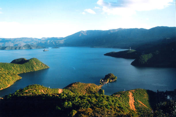In dusk,overlooking beautiful Lugu Lake.Film photo in September1999,Yunnan
