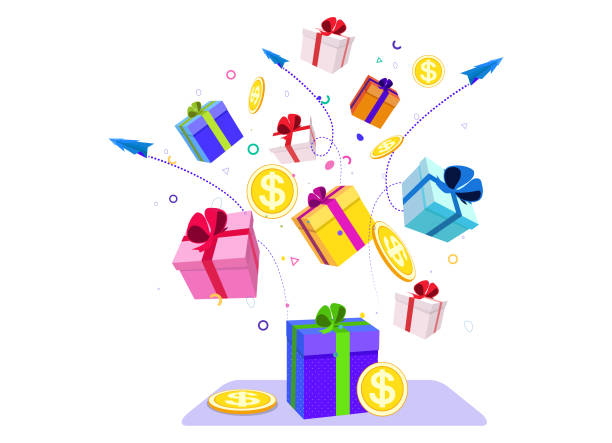 большой дизайн баннера со скидкой с 3d золотой фразой sale на фиолетовом фоне с подарочной коробкой, - gift stock illustrations