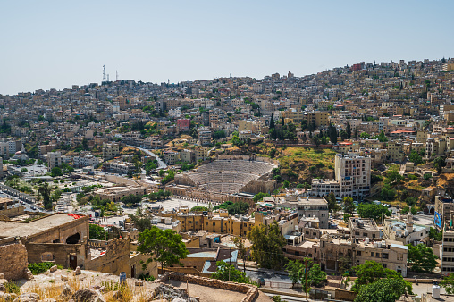 Amman skyline in Jordan. Sunny day view of the old downtown of Jordanian capital city built on seven hills