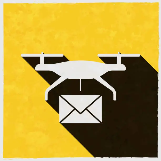 Vector illustration of Delivery drone with mail. Icon with long shadow on textured yellow background