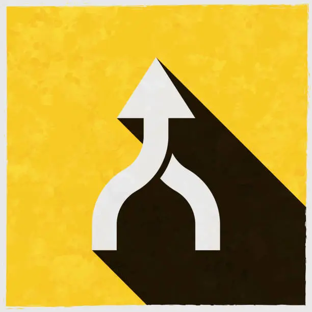 Vector illustration of Direction arrow merge. Icon with long shadow on textured yellow background