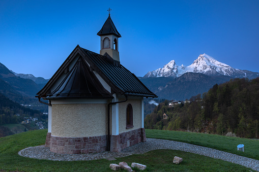 Dawn at Kirchleitn chapel in front of Watzmann mountain, Berchtesgaden, Germany