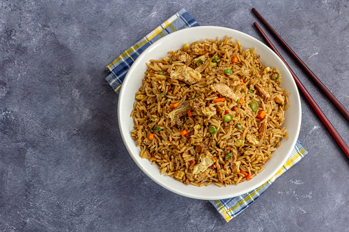 Chinese Non-Veg Fried Rice in a Bowl Top Down Photo