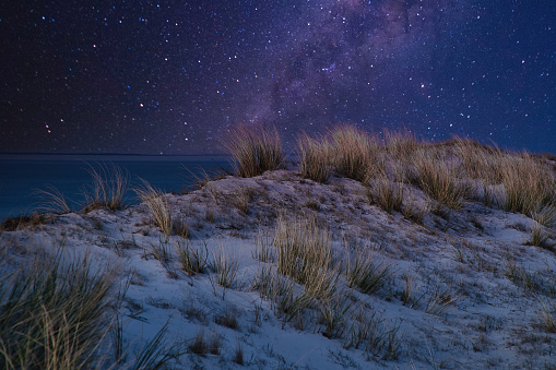 Milky Way on the high dune at the darss. National Park in Germany. Sand beach, stars, dune and nature. Landscape photography