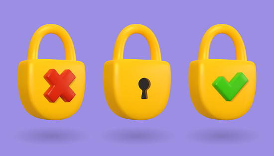 Vector 3d lock open and closed icon. Forgot Password concept. Cartoon render yellow padlock isolated on white background. Wrong password recovery illustration elements