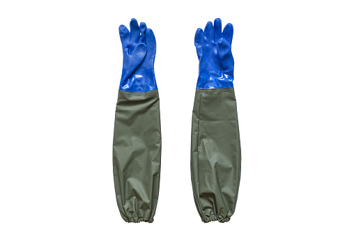 Protective industrial gloves, protect from oil, acid and alkaline solutions, chemical substances and hydrocarbons, isolated on white background. Gloves suitable for construction work, fish processing, gardening and work in contact with water