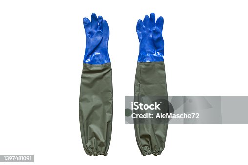 istock Rubber working gloves waterproof. Long protective gloves 1397481091