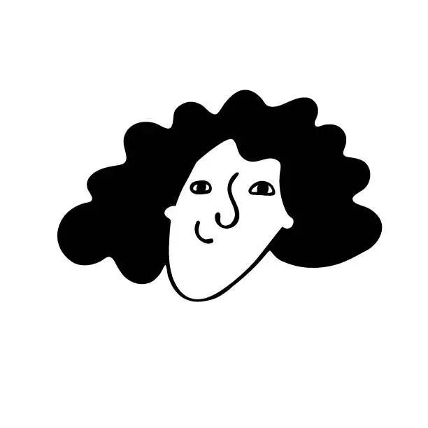 Vector illustration of Funny positive woman, girl with short curly black hair in doodle style isolated on white.