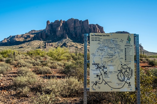 Apache Junction, AZ, USA - Dec 19, 2021: A welcoming signboard at the entry point of preserve park