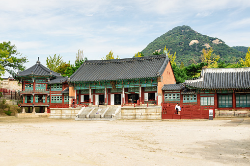 Seoul, South Korea - October 9, 2017: Jibokjae Private Royal Library in Gyeongbokgung Palace. Awesome building of traditional Korean architecture. Seoul is a popular tourist destination of Asia.