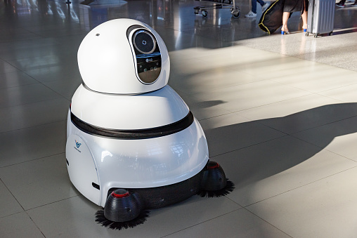 Seoul, South Korea - 16 October 2017: LG's airport cleaning robot in main hall of Incheon airport.