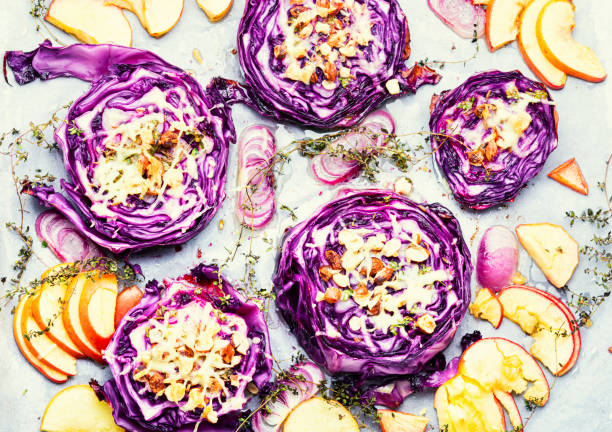 istock Roasted red cabbage steaks, autumn food 1397484535