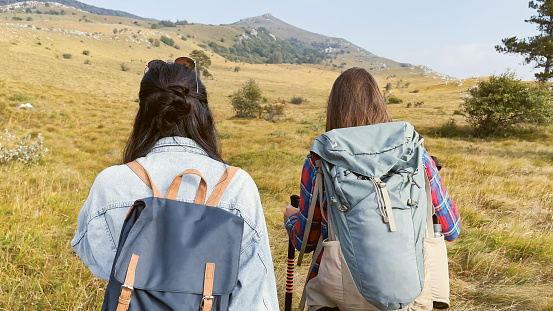 Rear view of young women walking with hiking poles and rucksacks on mountain.
