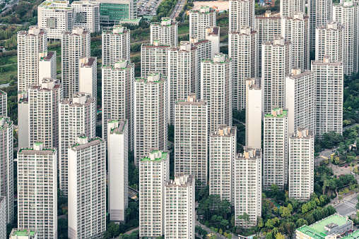 Awesome aerial view of high-rise residential buildings in Seoul, South Korea. Seoul is a popular tourist destination of Asia.
