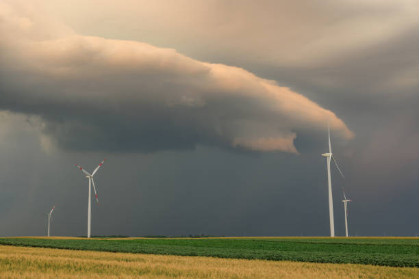 istock Wind turbines on agricultural field under the gray overcast 1397487096