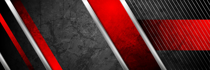 Black red grunge tech background with metallic stripes and lines. Vector banner design