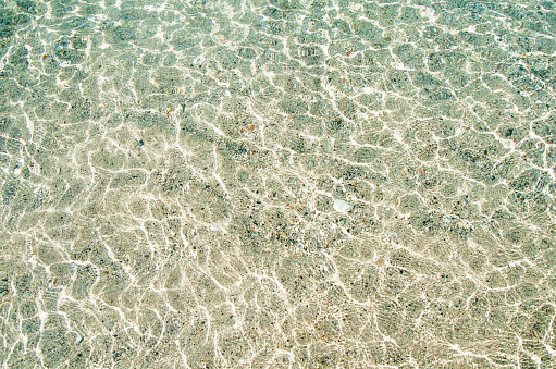 Top view of blue sea and sand texture. Aerial beach ocean water background. Bright and light instagram photo filter.