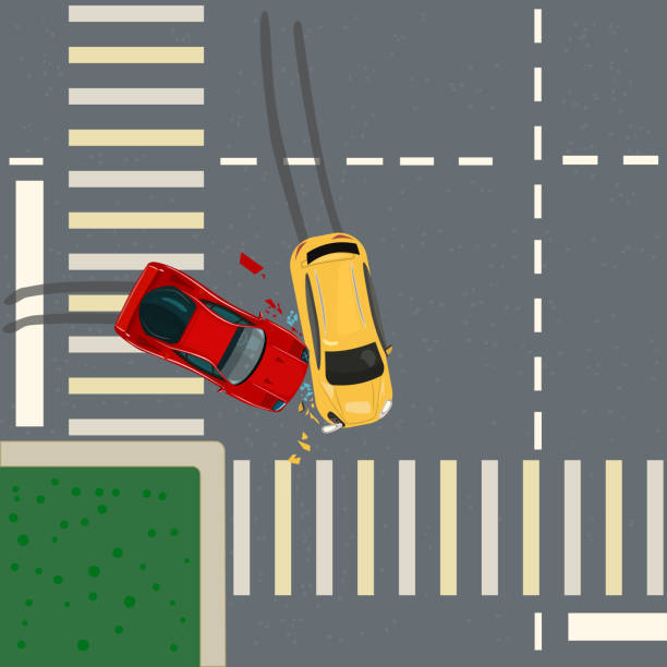 Road accident between two cars. Crash on city crossroad top view. Street junction and wreck auto. vector art illustration