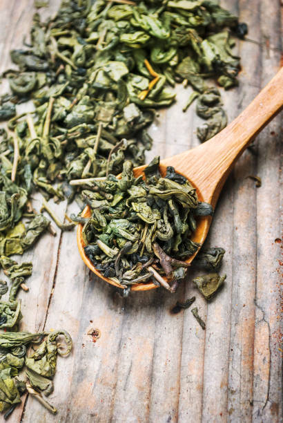 Green tea in wooden spoon