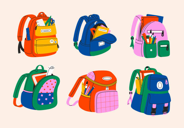 Set of various school backpack and schoolbag. Collection of colorful children Set of various school backpack and schoolbag. Collection of colorful children bags with stationary, textbooks. Hand drawn vector illustration isolated on white background. Modern flat cartoon style. school supplies stock illustrations