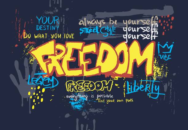 illustrazioni stock, clip art, cartoni animati e icone di tendenza di poster di graffiti di strada. tipografia stile urbano slogan, libertà muro testo. stampa grunge, pennello di moda disegnato a mano. banner vettoriale neoterico disegnato a mano - sport backgrounds computer graphic dirty