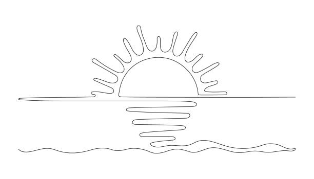 illustrazioni stock, clip art, cartoni animati e icone di tendenza di sole sulla spiaggia di mare una linea continua nera, tramonto e contorno dell'alba. paesaggio naturale con sole sulla costa. disegno a una linea. illustrazione vettoriale - sea life centre