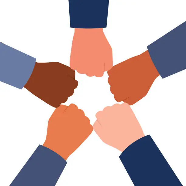 Vector illustration of International hands business team making fist bump circle gesture, unity group symbol, collaboration, support, unity, partnership, effective work together, teamwork. Teambuilding, power. Vector