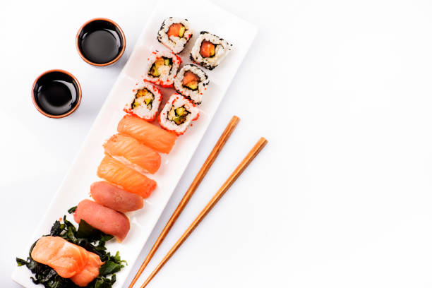 istock Top view of sushi set isolated over white 1397489234